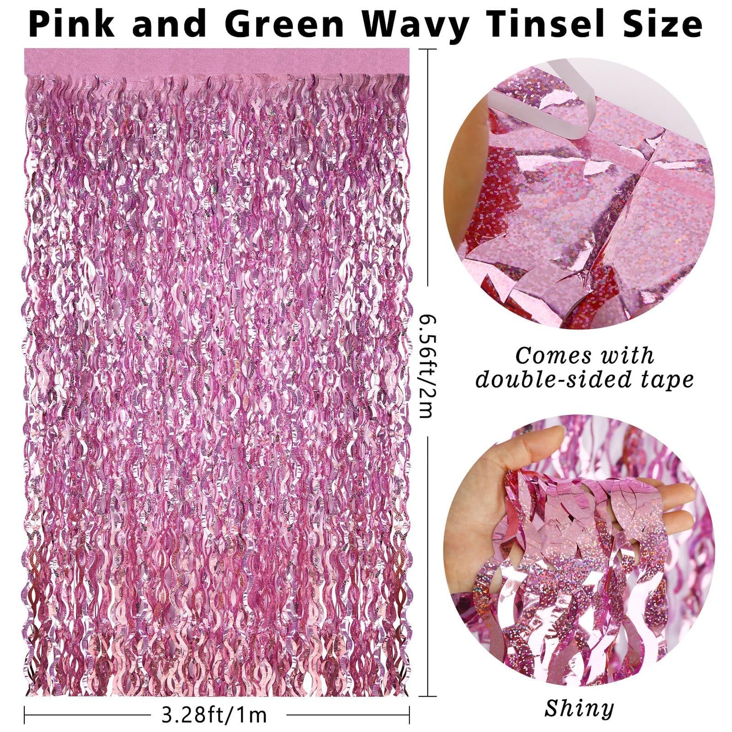 kaiolbly 6 Pack Pink and Green Foil Fringe Curtain, Wavy Photo Metallic Tinsel Background for Witch Birthday Party Decoration Bachelorette Wedding Streamer Backdrop Theme Supplies