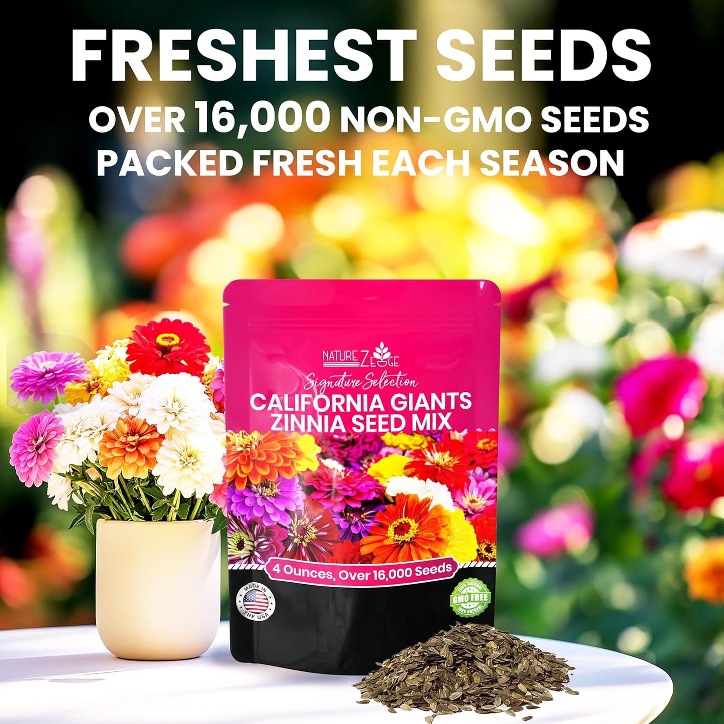 NatureZ Zinnia Seeds - Non-GMO Flower Seeds for Easy Outdoor Planting | 1/4 lb Bulk Mix