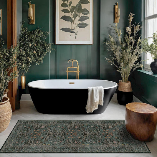 Skiennix Dark Green 2x5 Runner Rug - Non-Slip & Washable Floral Boho Design for Indoor Use