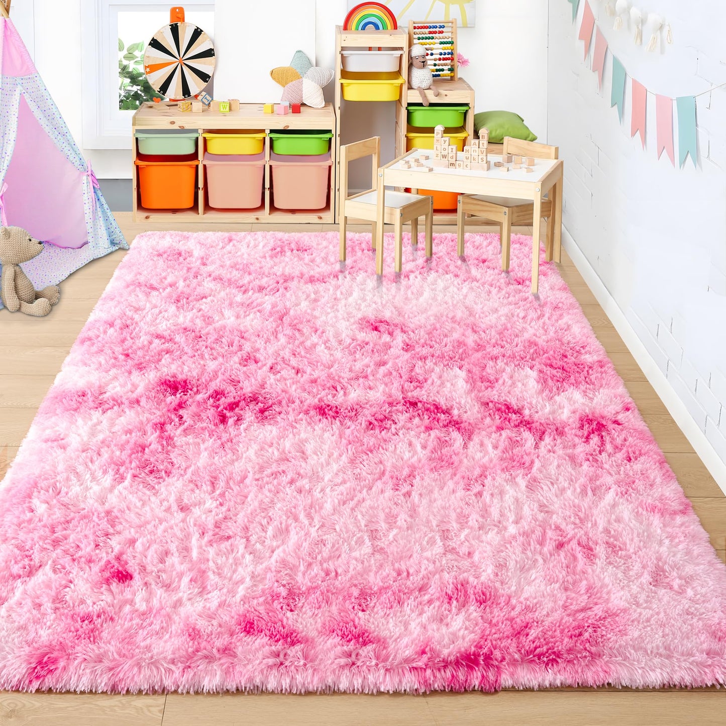 Foxmas Large Area Rugs for Living Room Bedroom 5x8 Feet, Fluffy Kids Room Plush Shaggy Nursery Rug Furry Throw Carpets for Boys Girls, College Dorm Fuzzy Rugs Home Decorate Rug, Tie-Dyed Pink