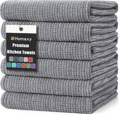 Homaxy Premium Kitchen Towels - Highly Absorbent Cotton Dish Towels (18”x28”, 6 Pack) | Grey with Hanging Loop