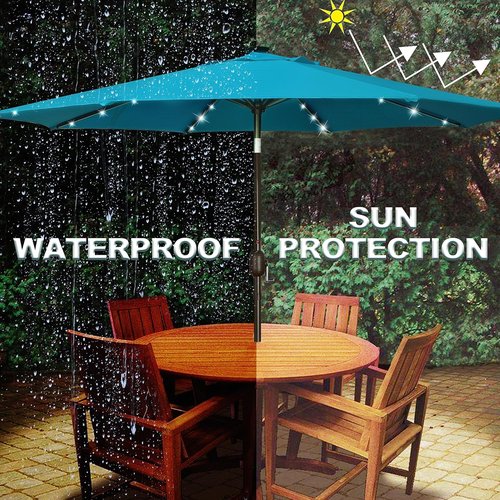 Blissun 9 Ft Solar Umbrella - 32 LED Lighted Patio Umbrella with Tilt & Crank | Cerulean Color for Garden, Deck & Pool
