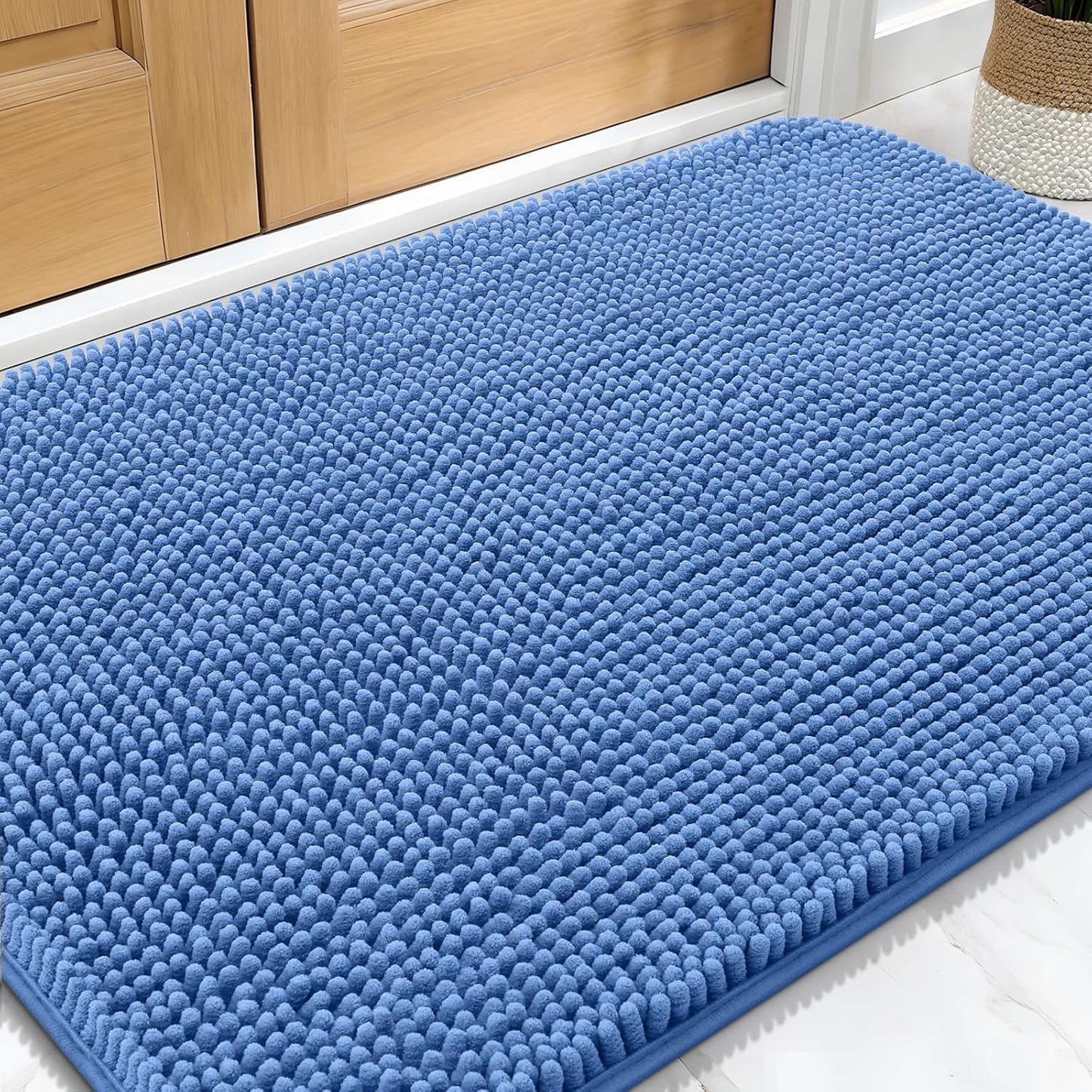 OLANLY Dog Door Mat - Absorbent Non-Slip Chenille Mat for Muddy Paws | 30x20, Quick Dry, Cornflower Blue