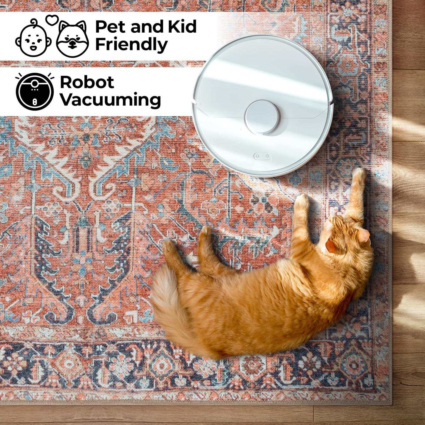 GLN Traditional Collection - Machine Washable Area Rug, Non Slip, Low Pile Chenille Living Room, Bedroom & Kitchen Rug (3'x5' Terra Cotta)