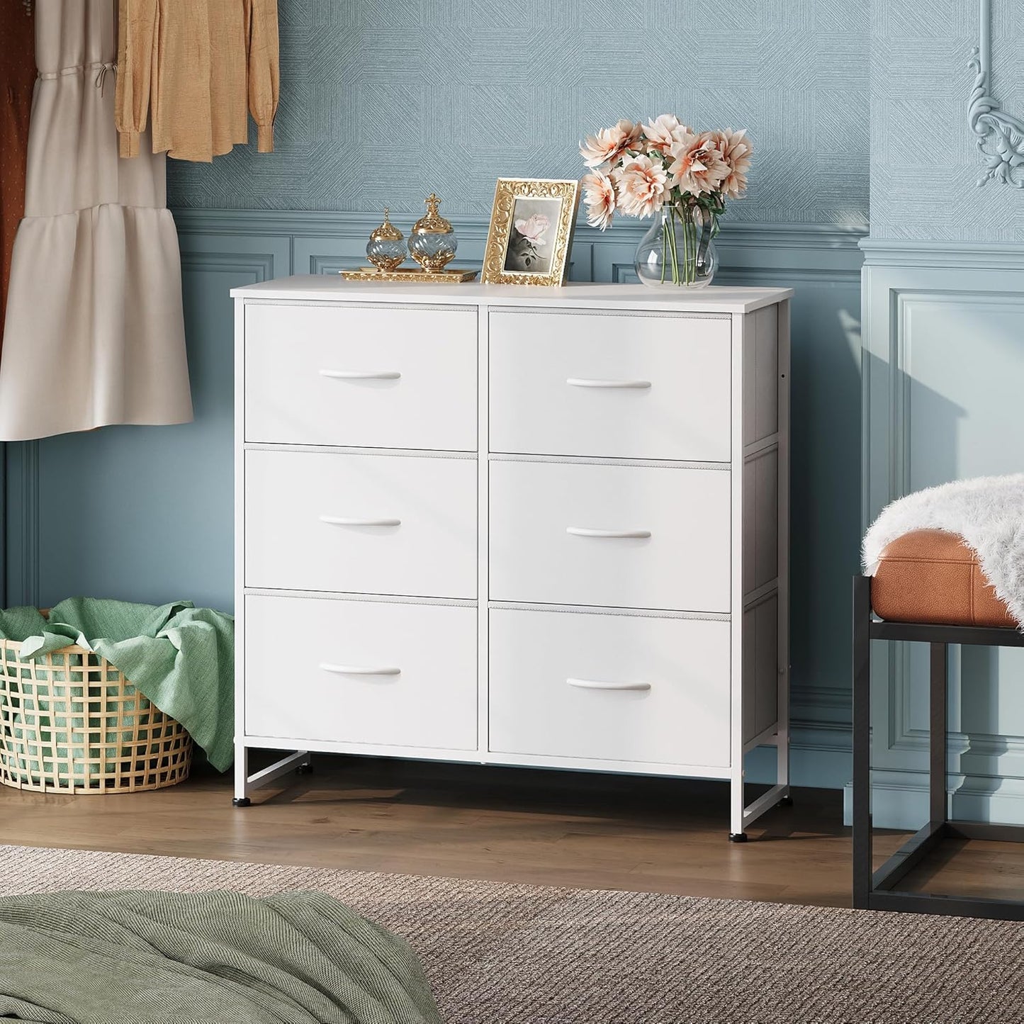WLIVE White Dresser - 6 Fabric Drawers with Metal Frame & Wooden Top | Versatile Storage for Bedroom & Living Room