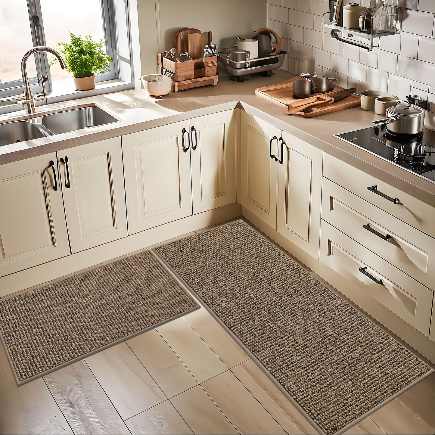 BEQHAUSE Kitchen Rugs and Mats 2PCS, Non-Slip Kitchen Mats for Floor, Absorbent and Stain Resistant Kitchen Runner, Machine Washable Rugs for Kitchen, Laundry & Sink, 20"x32"+20"x48", Taupe