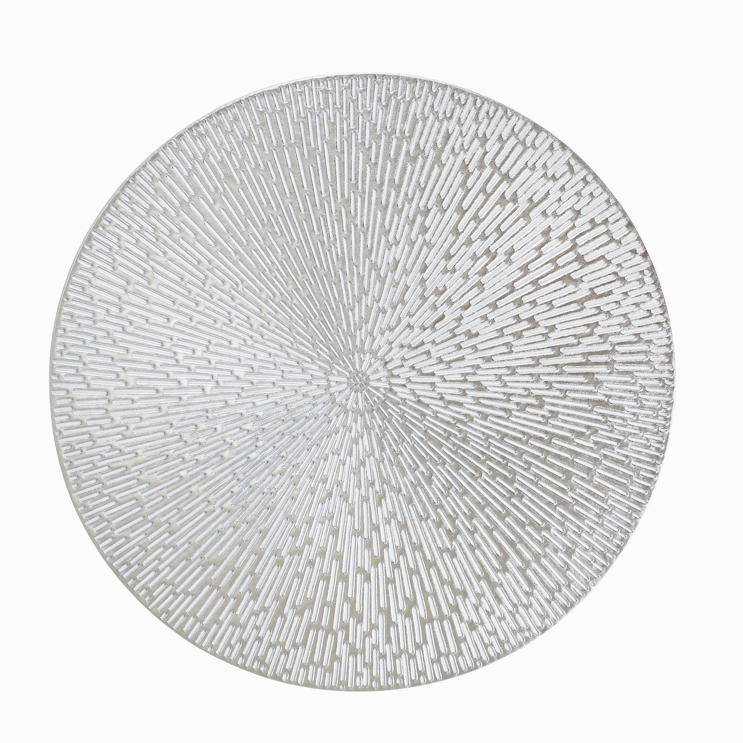 Snowkingdom Silver Round Placemats Set of 6, 15 Inch Metallic Pressed Vinyl Place Mats, Easy Clean Non Slip Heat Resistant Washable PVC Hollow Out Table Mats for Dinner Party Table Decoration