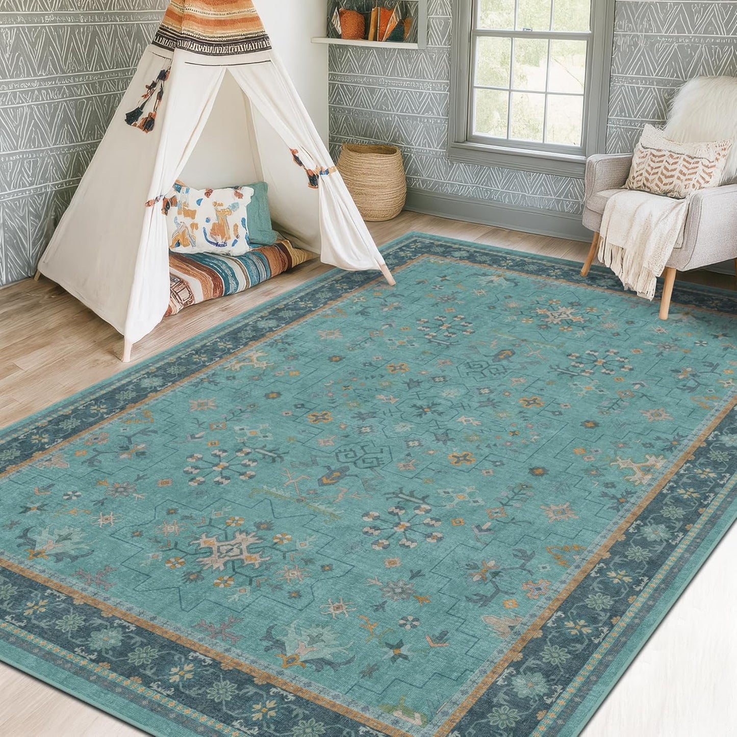Skiennix 5x7 Teal Rug - Boho Turquoise Low-Pile Carpet for Living Room & Bedroom | Washable Non-Slip Design
