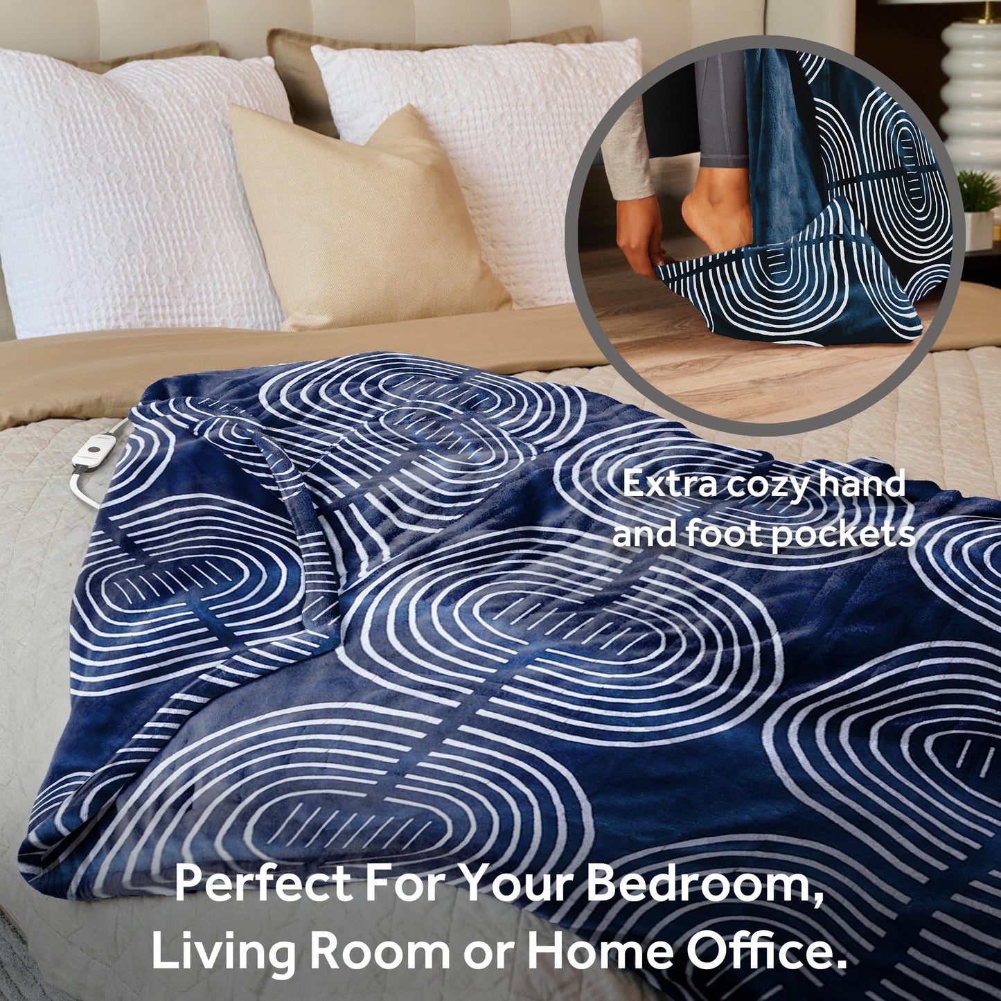 Sunbeam Ultimate Cozy Royal Posh Velvet Hand & Foot Pocket Heated Throw Electric Blanket, 50" x 72", 4 Heat Settings, 4-Hour Auto Shut-Off, Warming Throw for Couch, Machine Washable, Blue Rounds