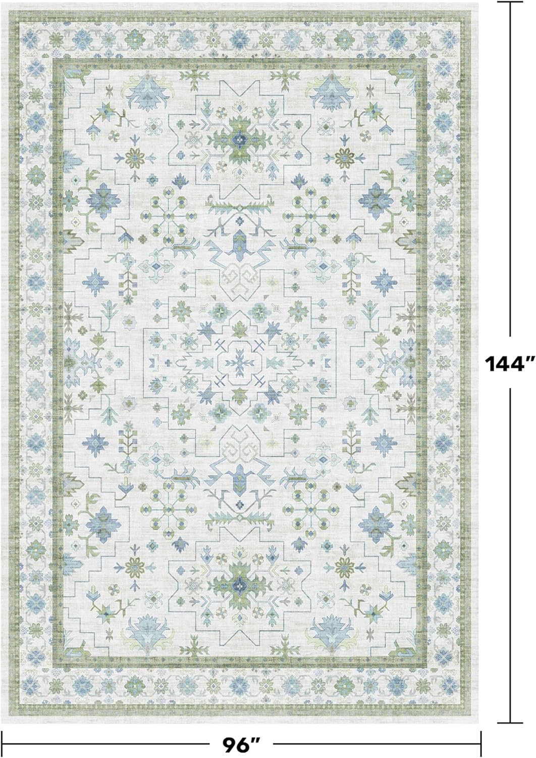 Skiennix Cream Green Large 8x12 Area Rug - Washable Non-Skid Geometric Floral Design for Living Room & Bedroom