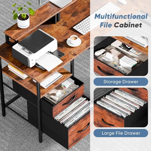 DUMOS L-Shaped Gaming Desk - 62 Inch with Charging Station & Dual Monitor Stands | Brown Corner Computer Desk with Drawer & Adjustable Shelves
