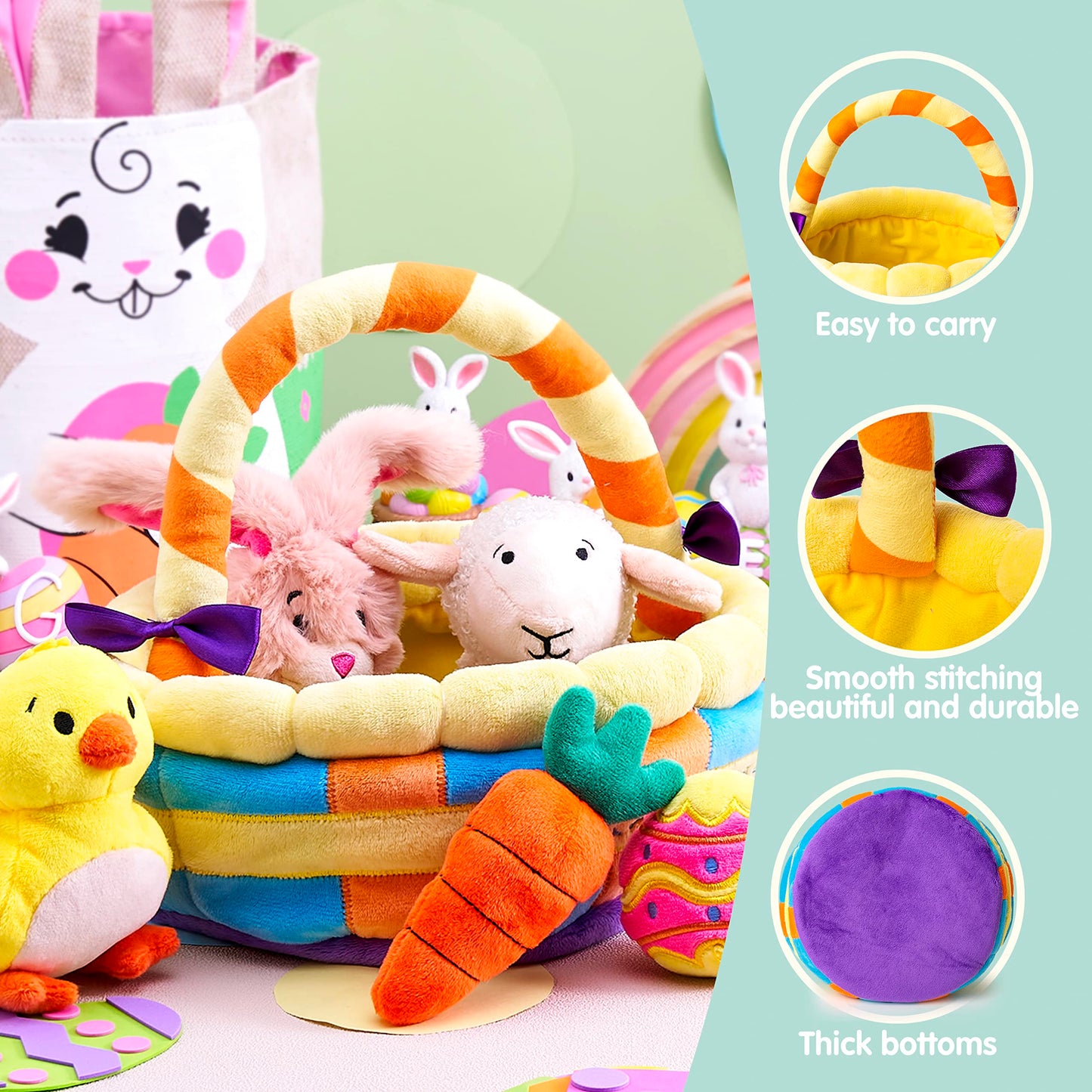 JOYIN 7 PCS Easter Basket Plush Playset Stuffers with Lamb Bunny Chick Carrot Egg Toys, Easter Party Favors Decorations Gifts Supplies for Baby Girls Boys Toddler Kids of All Ages