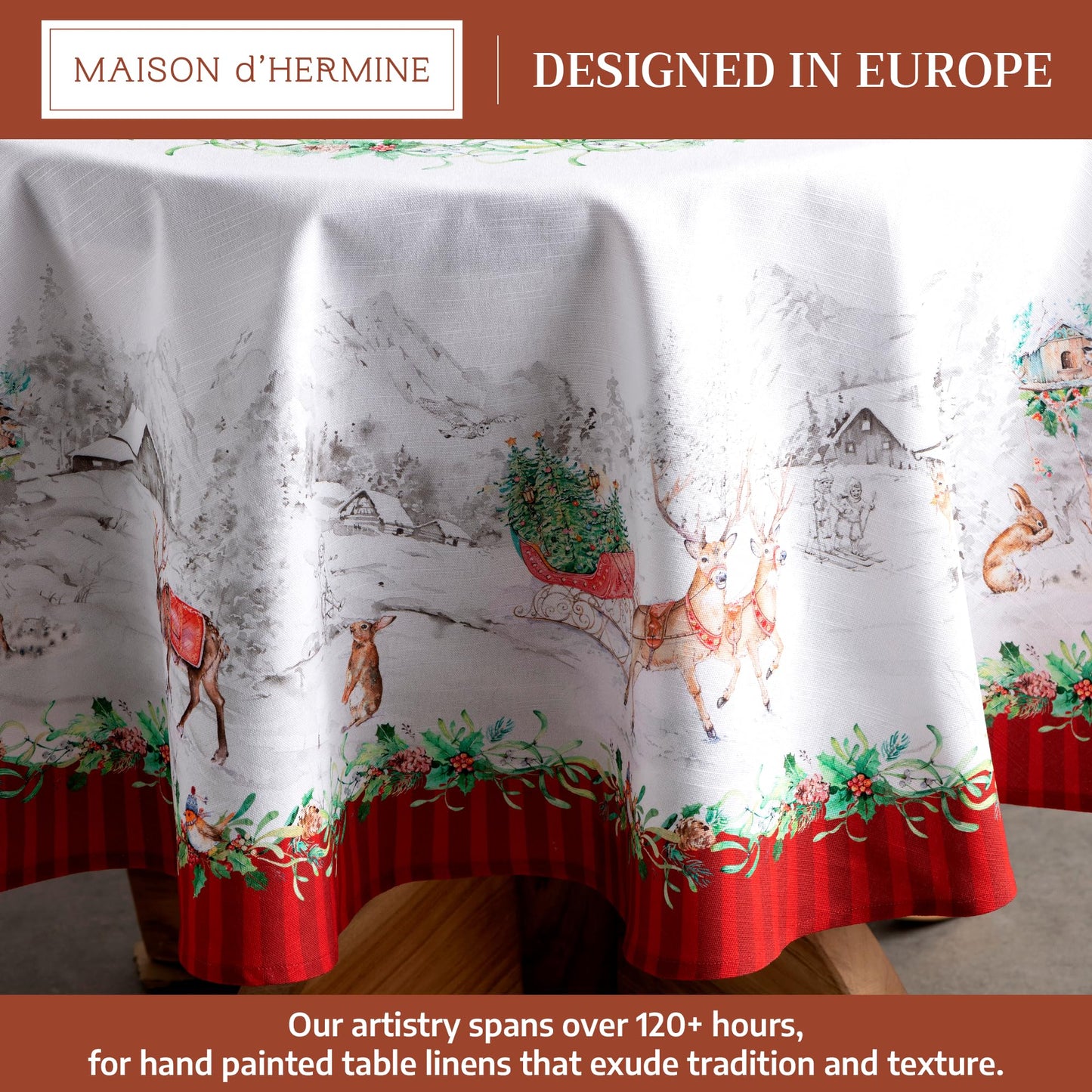 Maison d' Hermine Table Cloth Round Table 100% Cotton 69 Inches Fall Tablecloth Reusable Everyday Use for Thanksgiving Christmas Decorations Dining Farmhouse Party (Christmas Tradition)
