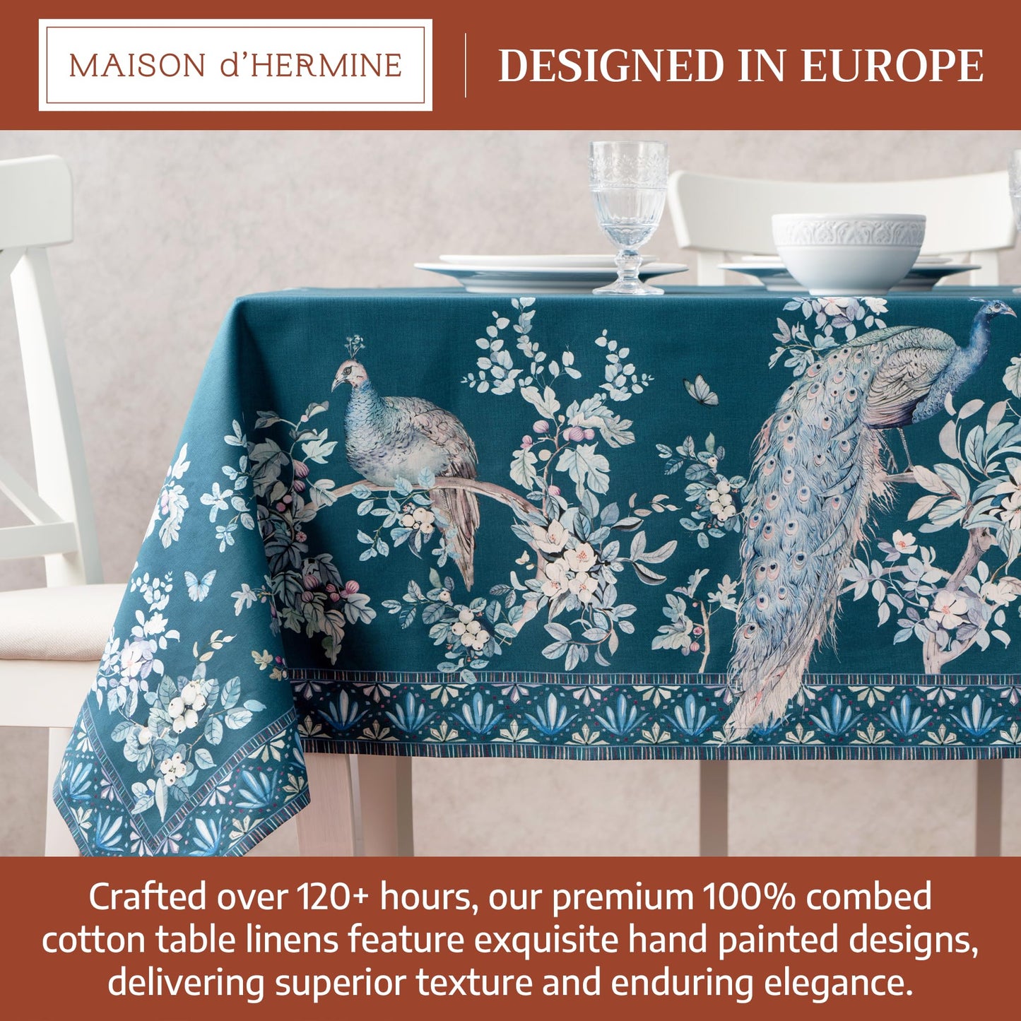 Maison d' Hermine Premium Table Cloth Rectangle Table 100% Combed Cotton 140 x 70 Inches Tablecloth Reusable Decorative for Dining Room, Farmhouse, Party, Festive & Wedding - Peacock Utopia - Deep Sea