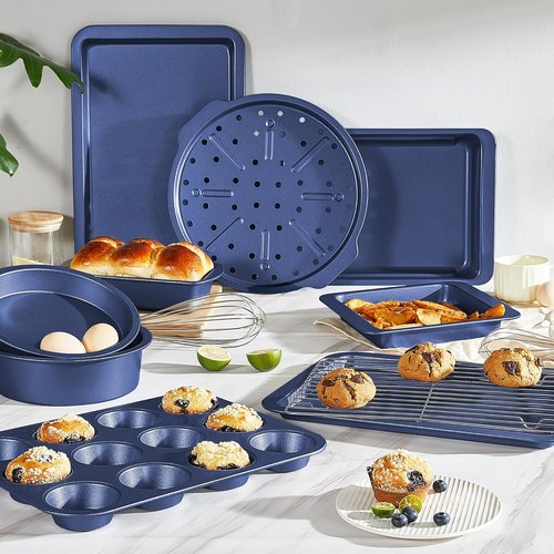 HONGBAKE Nonstick Bakeware Set - 10-Piece Kitchen Baking Pans with Wider Grips | Includes Rack, Cookie Sheet, Cake Pans, Muffin Pan, Pizza Pan - Blue