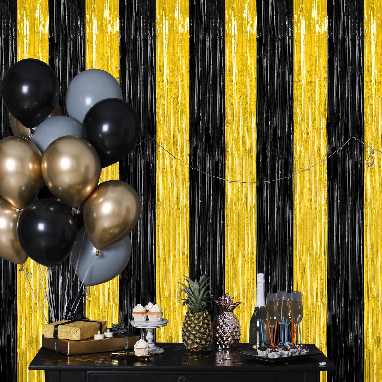 2 Pack Graduation Backdrop, 3.28 FT x 7.05 FT Black and Gold Foil Fringe Curtains, Metallic Foil Curtain Graduation Backdrop, Grad Party Supplies Black and Gold Party Decorations Class of 2026