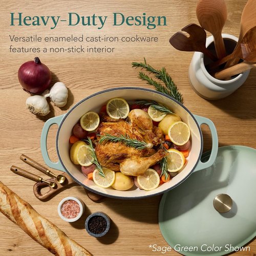 Best Choice Products Oval 7.5 Quart Enamel Cast-Iron Dutch Oven - Heavy-Duty Pre-Seasoned Cooking with Side Handles | Deep Olive Green