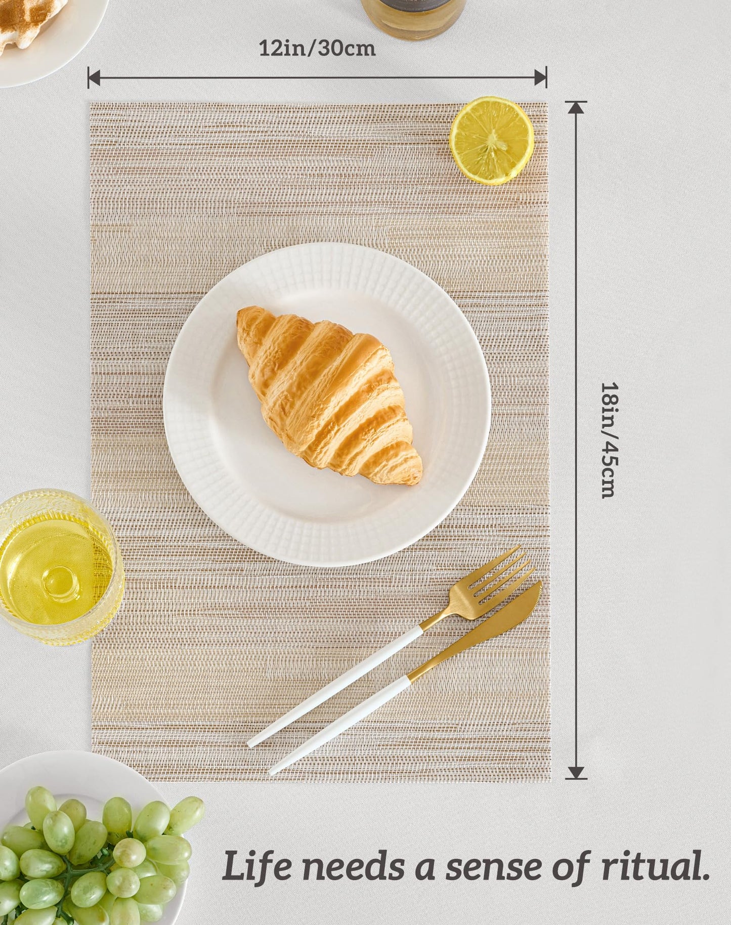 Leetaltree Lightsteel Beige with Yellow Placemats Set of 4 - Heat Resistant Non-Slip Place mats for Dining Table, Washable Durable PVC Vinyl Woven Table Mats (Lightsteel Beige, 4)