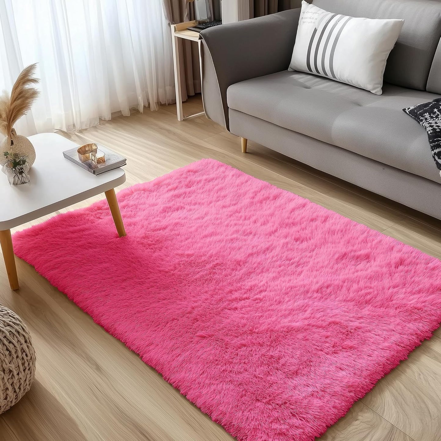 OLANLY Soft Fluffy Shaggy Small Bedside Rug - 3x5 Machine Washable Hot Pink Carpet for Kids & Nursery