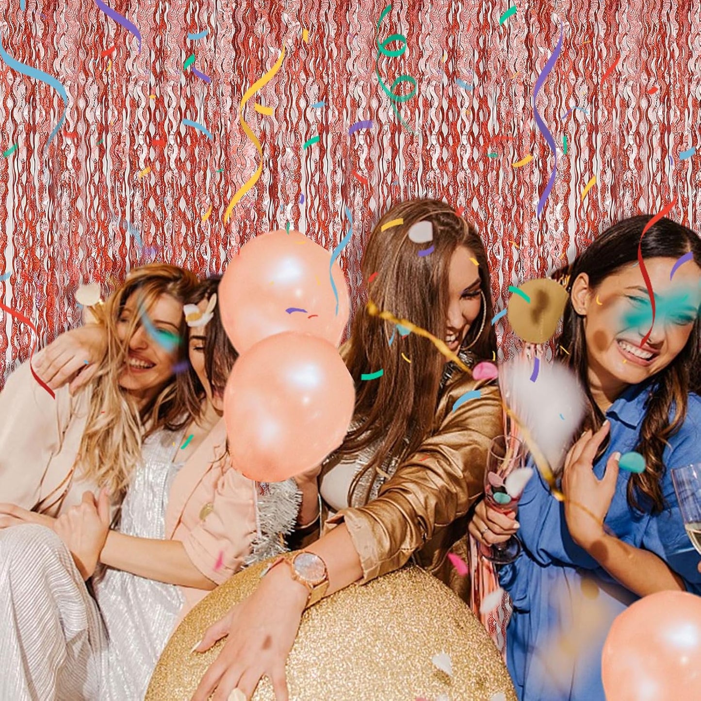 Rose Gold Tinsel Foil Fringe Curtains - Wavy Backdrop for Parties & Events | Photo Booth Decoration