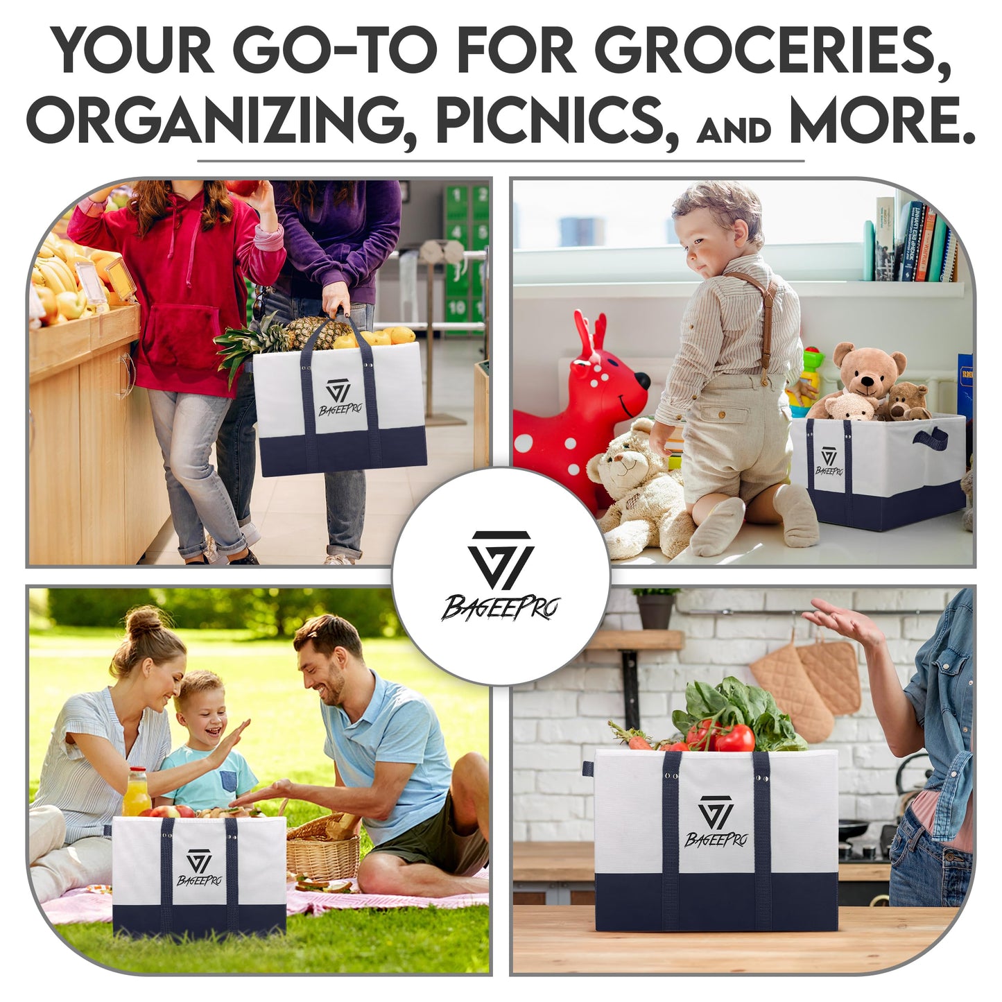 BageePro 2Pack Collapsible Tote Bags | Reusable Grocery Bag | Foldable Heavy Duty Shopping Bags with Handles for Food, Storage, and Groceries | Large Utility Tote Organizer | Navy Blue