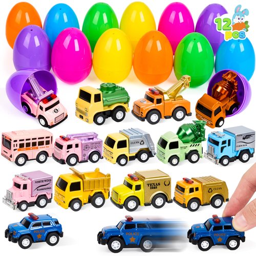 JOYIN 12 Pcs Easter Eggs Filled with Toy Cars, Colorful Stuffed Eggs with Pull Back Die-Cast Cars for Easter Hunt Game, Kids Basket Stuffer, Party Favor, Classroom Prize