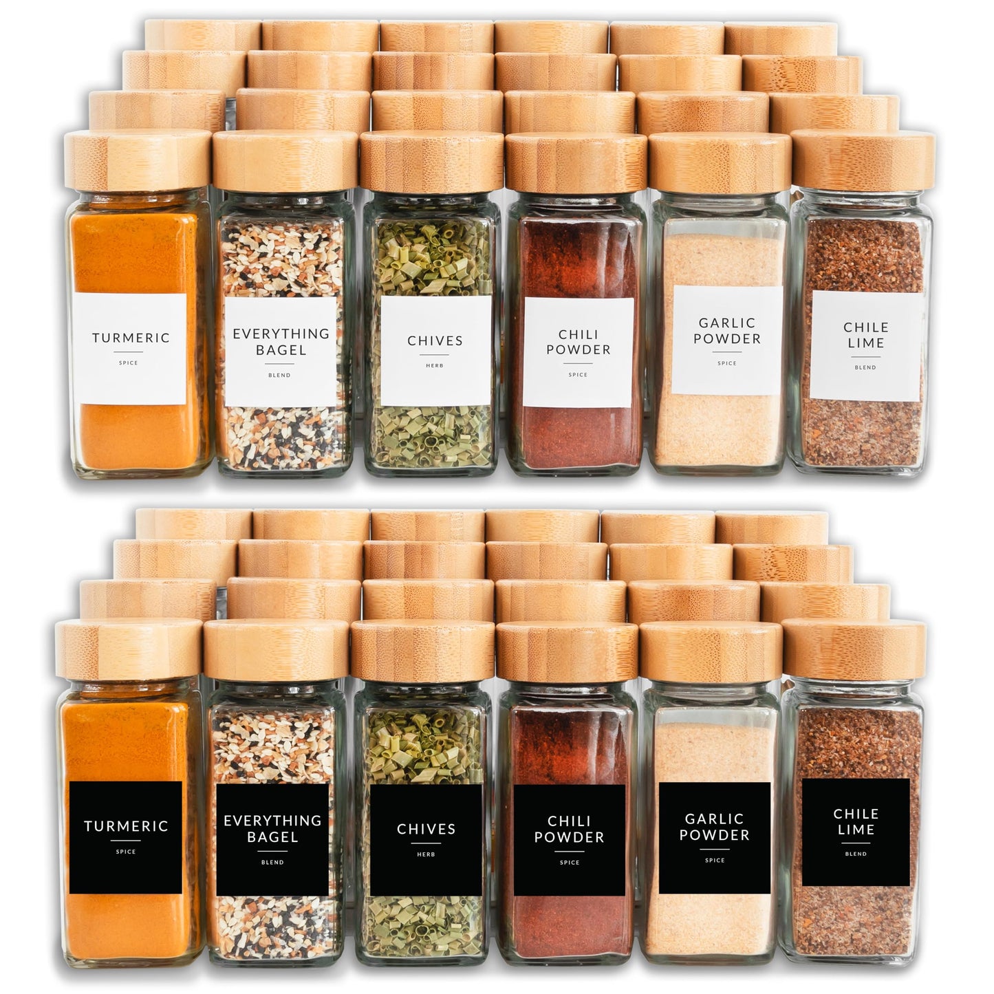 SAVVY & SORTED Glass Spice Jars with Label, 24PK Bamboo Jar Spices Set 4oz, 374 Spice Labels, Pepper Grinder, Empty Herb Seasoning Containers, Funnel and Shaker Lids