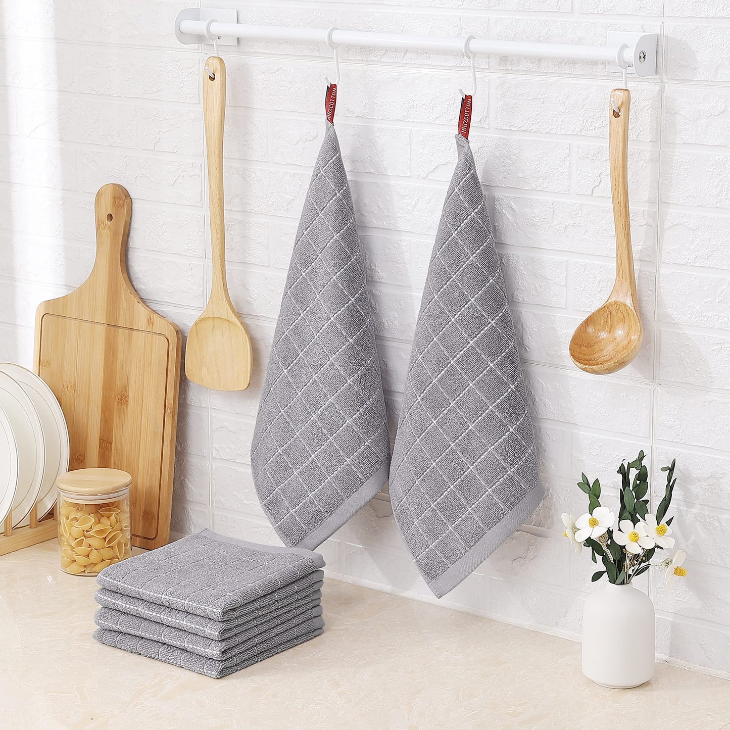 Homaxy 100% Cotton Terry Kitchen Dish Cloths, Ultra Soft and Absorbent Dish Towels for Kitchen, Suitable for Drying and Washing Dishes, 12 Pack, 12 x 12 Inches, Light Grey