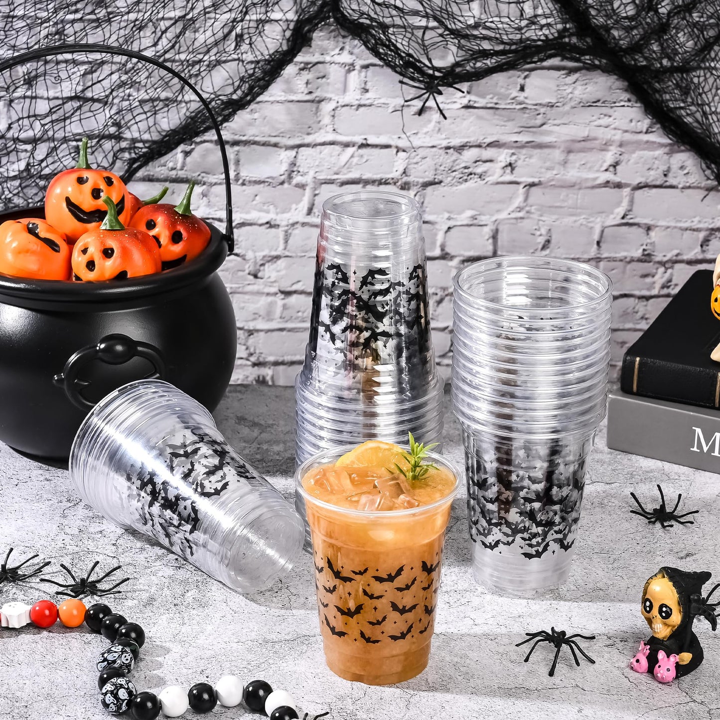 AimFun Halloween Bats Plastic Cups White Black Ghosts Disposable Party Cup Cute Spooky 12oz Clear Cups for Candy Beverage Snacks Birthday Baby Shower Party Supplies (50, Bats)