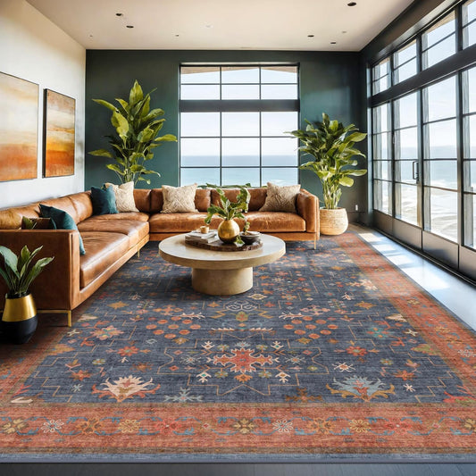 Large Area Rugs by Navy Blue | Geometric Floral Design - Washable Low Pile Soft Carpet 8x12 for Living Room & Dining Room