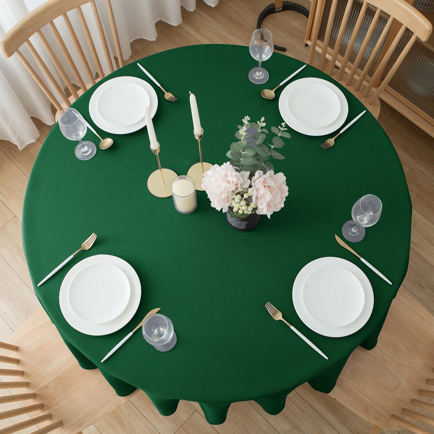 Biscaynebay 2 Pack Textured Fabric Round Tablecloths 70", Hunter Green Water Resistant Tableclothes Small Circle Folding Table Covers Linen for Dining, Kitchen, Wedding, Parties etc Machine Washable