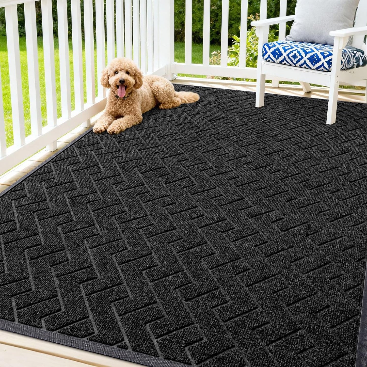 OLANLY Waterproof Front Door Mat - All-Season Indoor/Outdoor Doormat, Low Profile Herringbone Design (Black, 71x47)