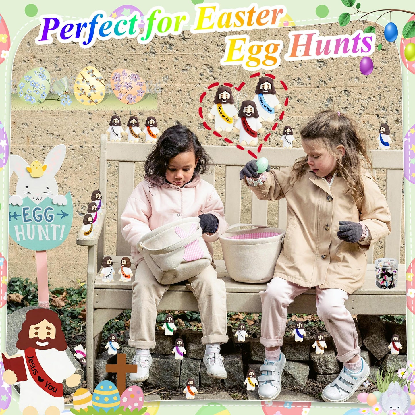 60 Pcs Little Jesus Figures Easter Mini Rubber Toys to Hide and Seek, Pocket Jesus Loves You Miniatures Religious Party Favors Baptism Gifts Sunday School Easter Egg Stuffers (10 Color_60)