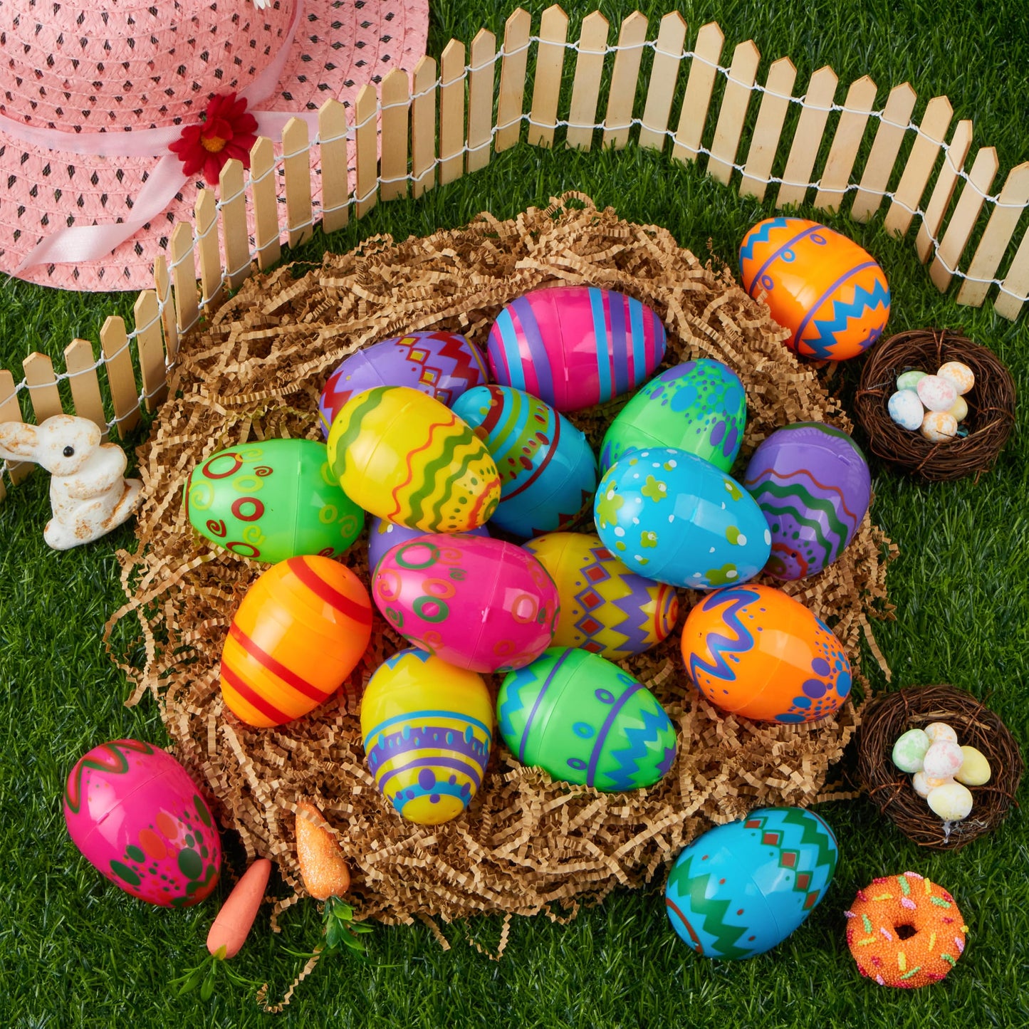 JOYIN 24PCS 3.15" Printed Easter Eggs, Empty Fillable Colorful Plastic Eggs Bulks for Easter Hunt, Basket Stuffers Filler, Classroom Prize Supplies