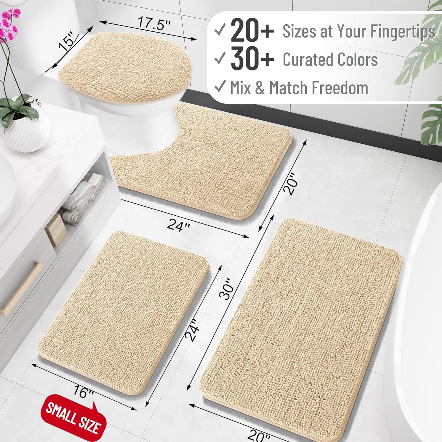 OLANLY Bathroom Rugs - Extra Soft Chenille Bath Mats with Rubber Backing | 24x16, Quick Dry, Beige