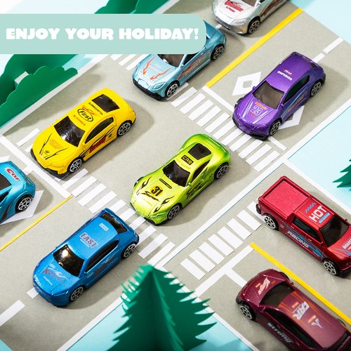 JOYIN 12 Pcs Die-Cast Car Filled Big Easter Eggs, Bright Colorful Prefilled Plastic Eggs with Different Die-cast Cars for Boys, Basket Stuffers and Kids Party Favors