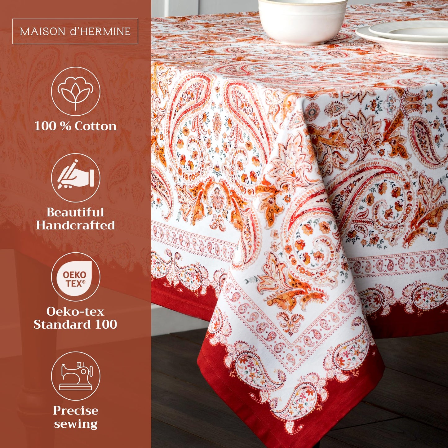Maison d' Hermine Table Cloth Square Table 100% Cotton 60 x 60 Inches Fall Tablecloth Reusable Everyday Use for Thanksgiving Christmas Decorations Dining Farmhouse Party (Orient)