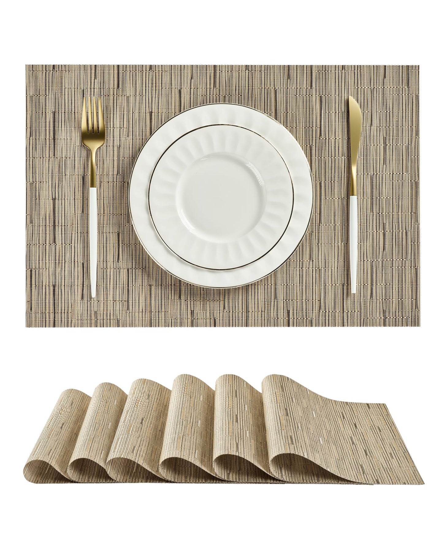 Leetaltree Light Brown Placemats Set of 6 - Heat Resistant Non-Slip Place mats for Dining Table, Washable Durable PVC Vinyl Woven Table Mats（Light Brown, 6）