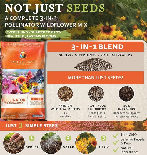 Earth Science Wildflower Pollinator Mix - 6 lb Non-GMO Seed Blend for Bees, Hummingbirds & Butterflies