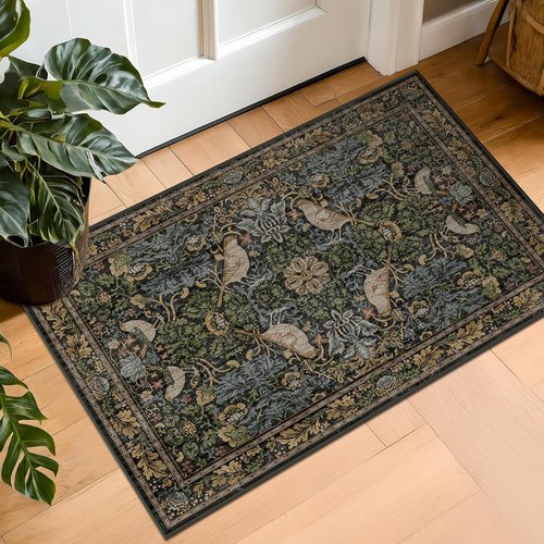 Hazo Haus Washable Floral Rugs - Vintage Dark Botanical Design | Small 2x3 Indoor Mat in Brown Tones
