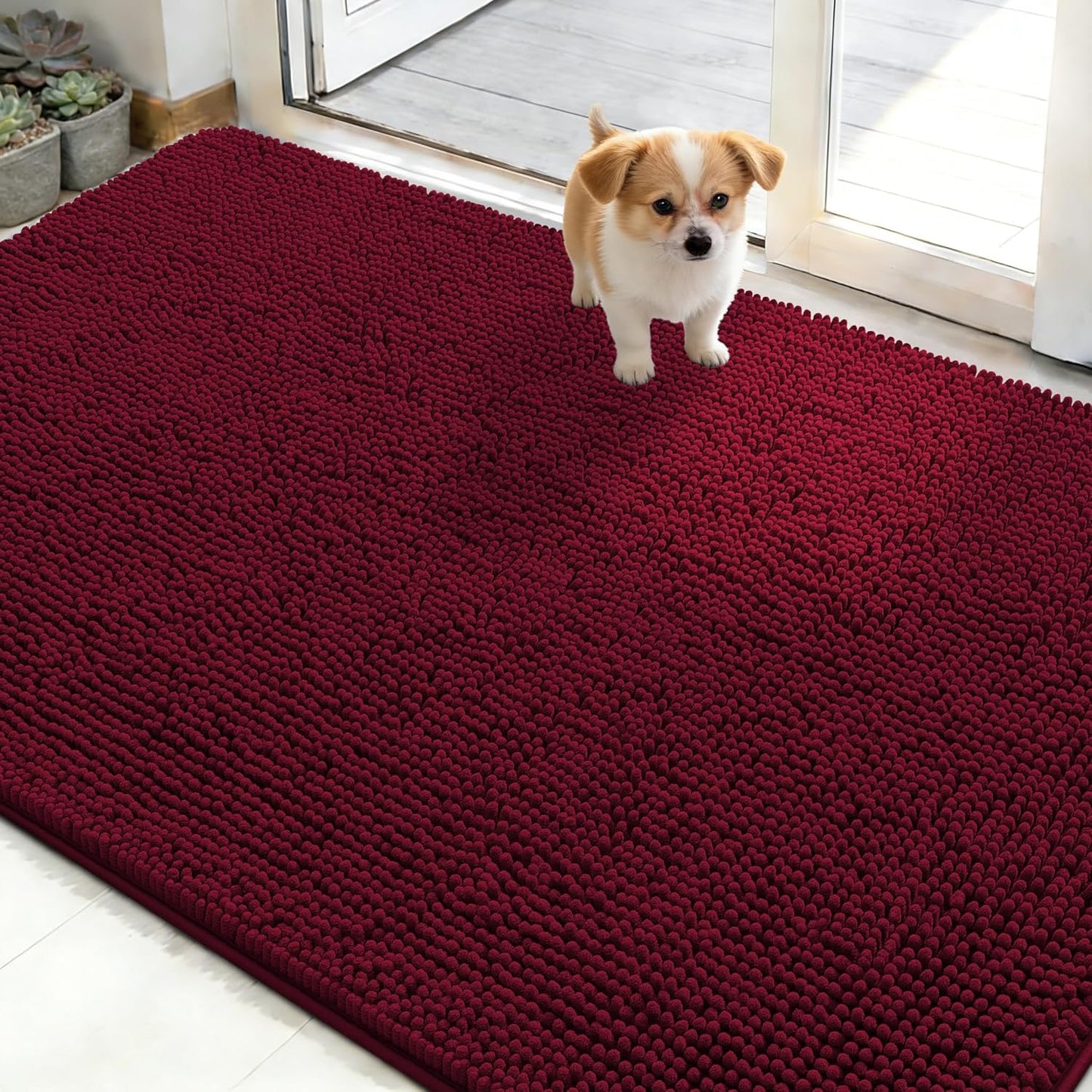 OLANLY Dog Door Mat - Absorbent Non-Slip Chenille for Muddy Paws | 48x30 Inches, Quick Dry, Burgundy