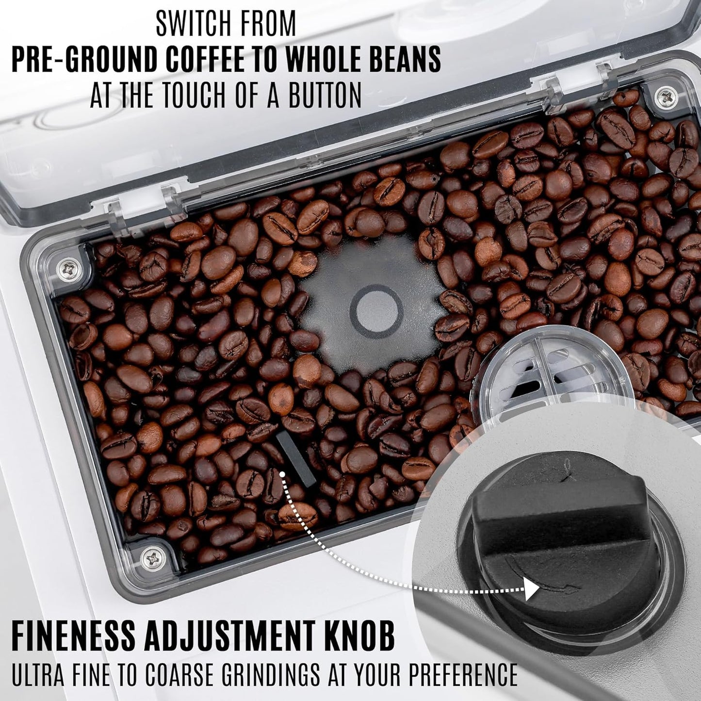 Zulay Magia Espresso Machine With Grinder - 19 Customizable Coffee Options | Includes Insulated Milk Container & Deluxe Cups - Auto-Cleaning - OG White