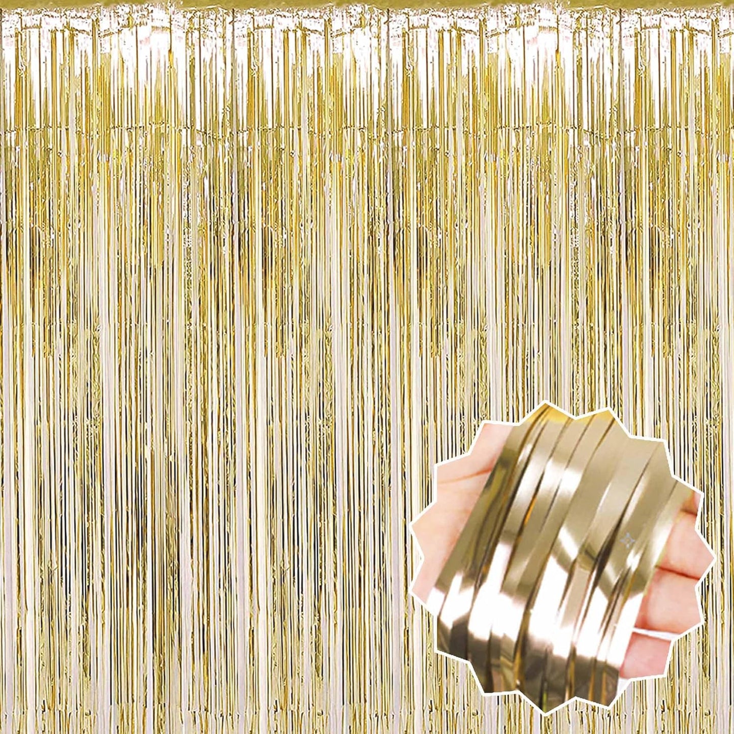 Light Gold Foil Fringe Curtains by [Brand Name] - 3 Pack Metallic Tinsel Backdrop | 3.28 x 8.2 Ft for Parties