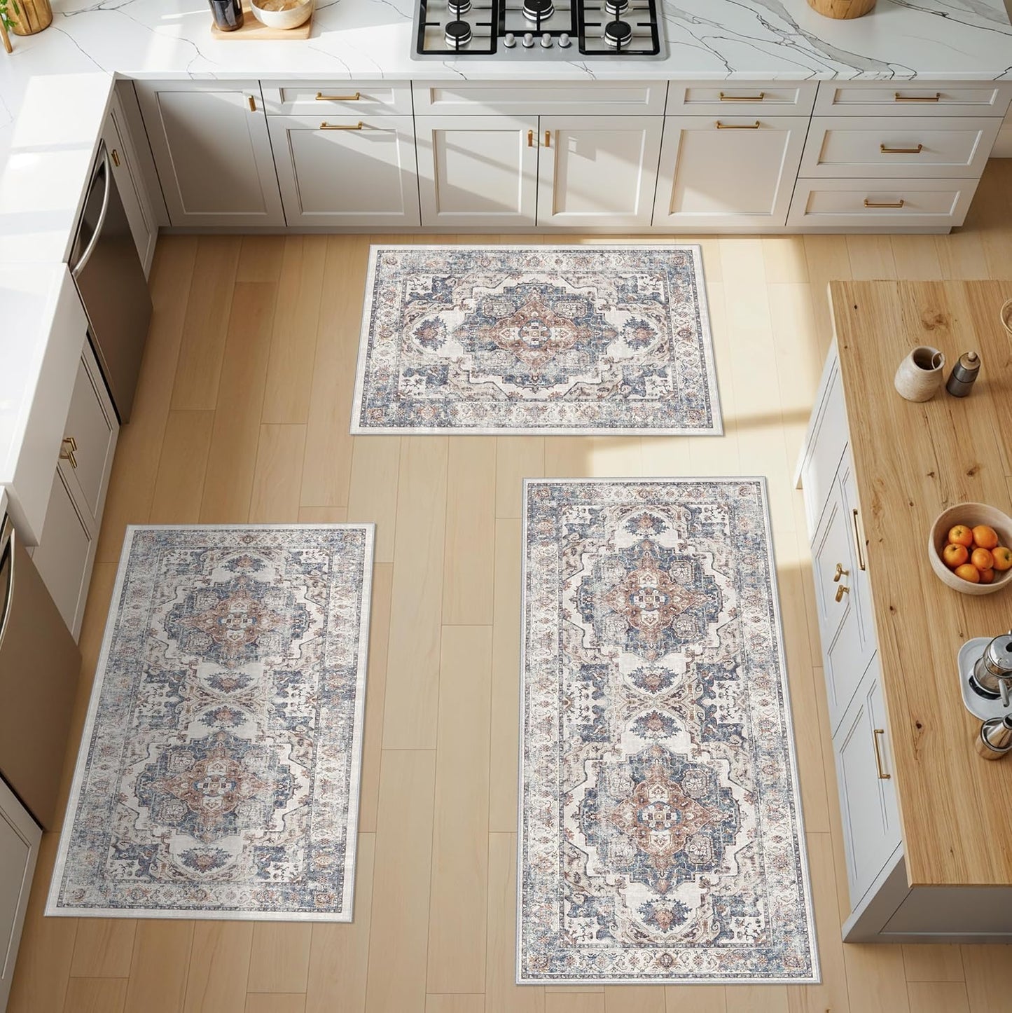 Skiennix Washable Kitchen Rug Set - Boho Non-Slip Soft Mats for Dog Bowl Area | 3 Sizes in Brick