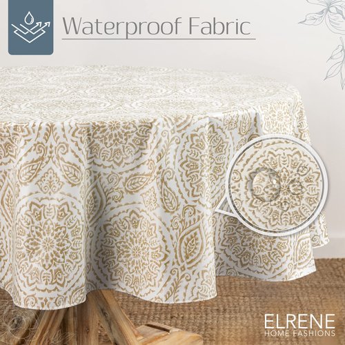 Elrene Home Fashions Savannah Boho Paisley Water- and Stain-Resistant Vinyl Tablecloth with Flannel Backing, 60 Inches X 84 Inches, Oval, Taupe