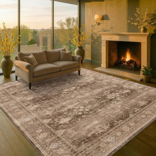 Hazo Haus Boho Taupe Living Room Rug - Vintage Traditional 7x10 Washable Non-Slip Area Rug for Dining & Bedroom