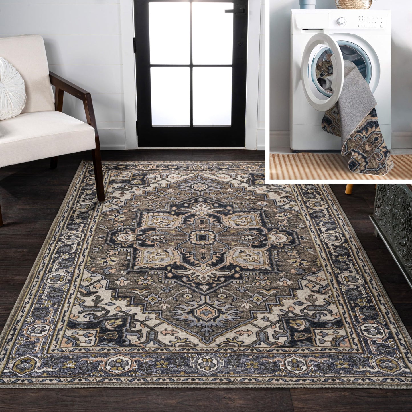 JONATHAN Y WSH105C-4 Cirali Ornate Large Medallion Machine-Washable Green/Navy/Cream 4 ft. x 6 ft. Area Rug, Easy to Clean, Non-Shedding for Home, Kitchen, Living Room, Bedroom, Dining Room