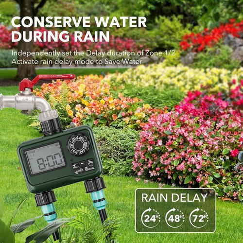 BN-LINK Sprinkler Timer - 2-Zone Programmable Water Timer with Rain Delay for Lawns & Gardens | Waterproof LCD Display