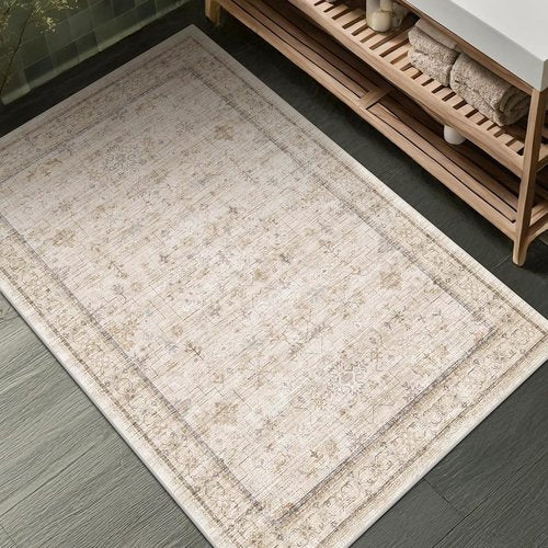 Farmhouse Bathroom Rug - Machine Washable Non-Slip 2x3 Beige Area Rug | Vintage Low Pile Design