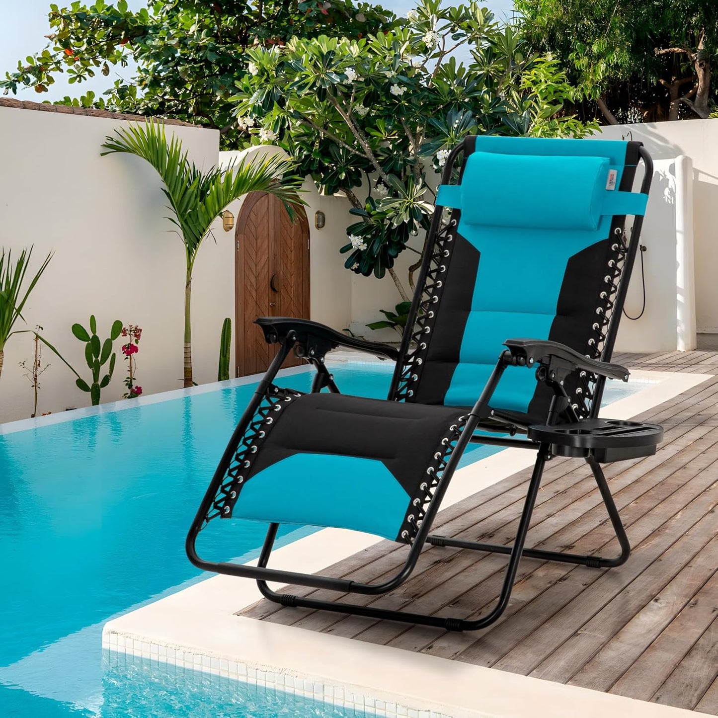 Sophia & William Oversized Zero Gravity Chair Set - Padded Folding Lounge Chairs with Cup Holder, Aqua Blue, 400 LBS Support